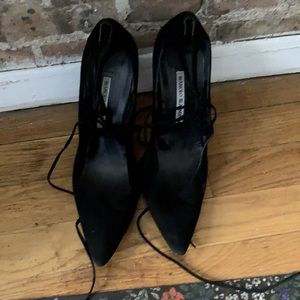 Manolo Blahnik Black suede heels with ties